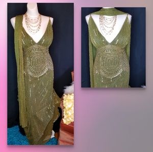 Green sequins evening gown w/scarf